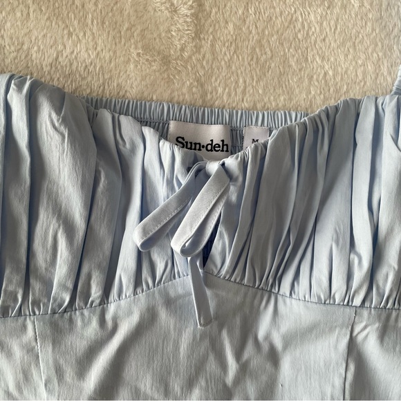 Aritzia Sunday Best Countess Blouse Medium Blue Glimmer Top Shirt puff blouse - Picture 3 of 12